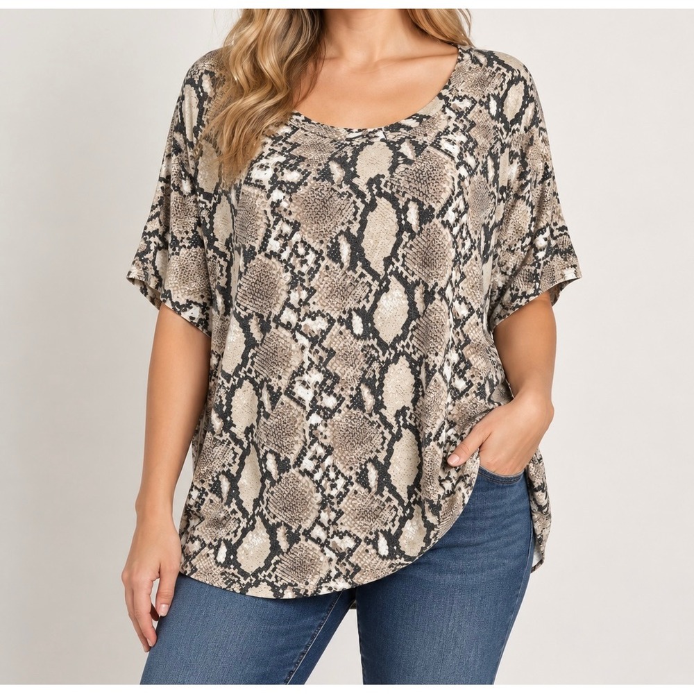 Thyme + Honey Top Womens Large Brown Snakeskin Print Tie Sleeve Scoop Neck 1805